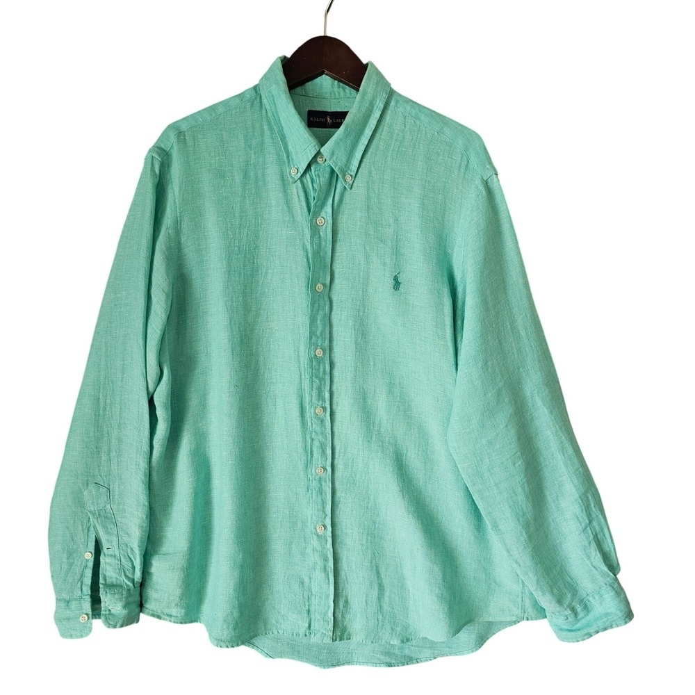 Ralph Lauren Mens XL Linen Button Down Shirt Seafoam Green Long Sleeve Pony Logo